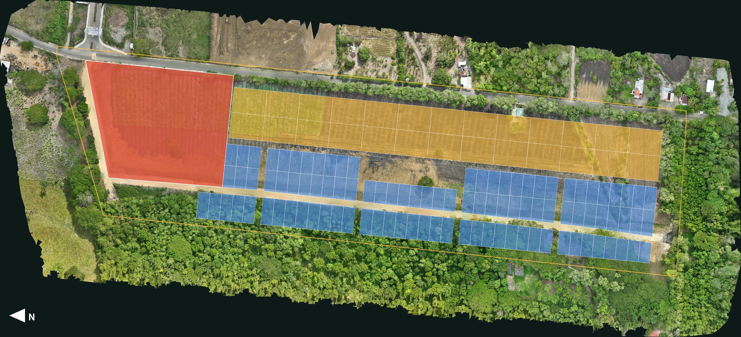 La misma ortofoto con la distribución de los solares